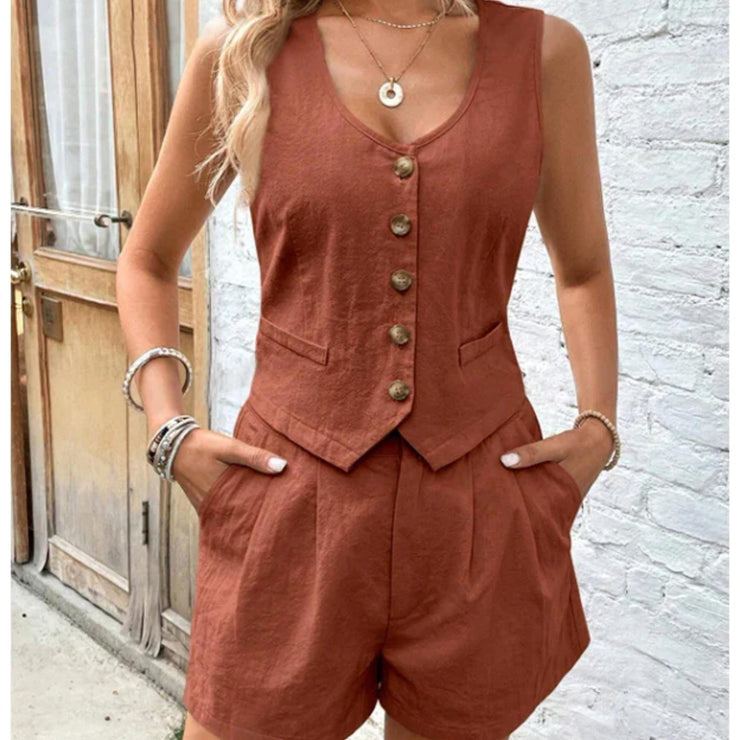 Linen Vest & Pleated Shorts Set