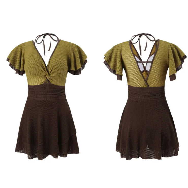 Olive Mocha Flutter-Knit Swimsuit Dress