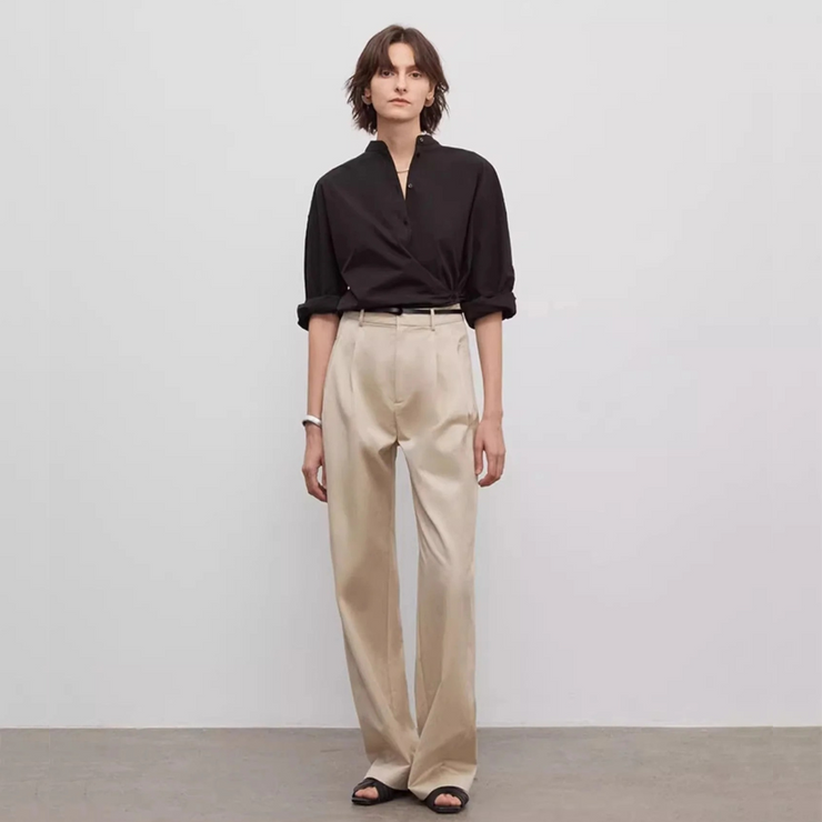 Spliced Double-Pleat Wide-Leg Trousers Straight-Leg Trousers for Women