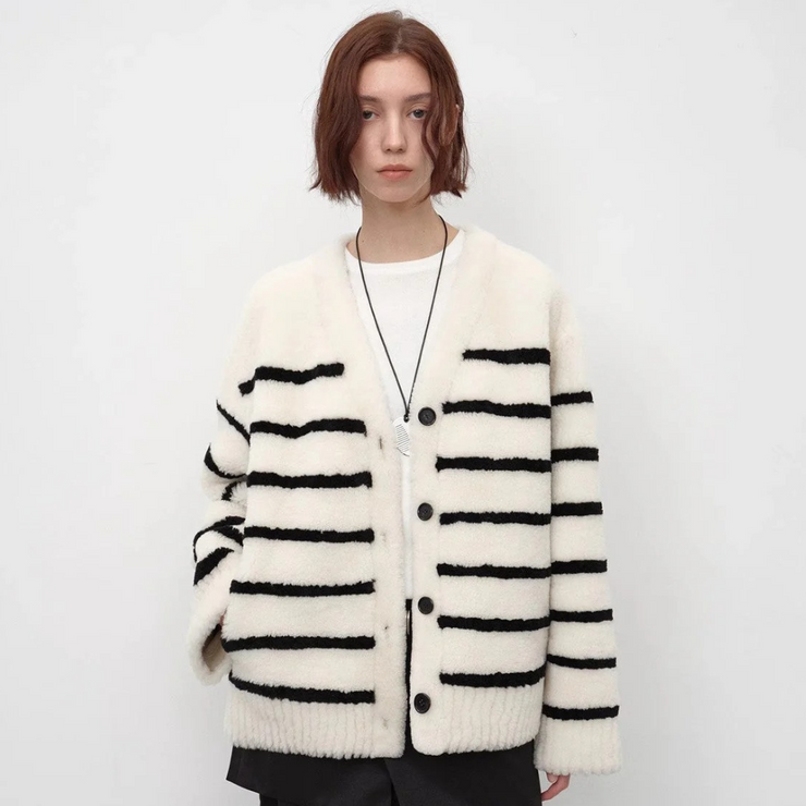 Classic Simple Versatile Striped V-Neck Drop Shoulder Merino Sheepskin Coat