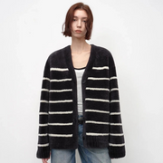 Classic Simple Versatile Striped V-Neck Drop Shoulder Merino Sheepskin Coat