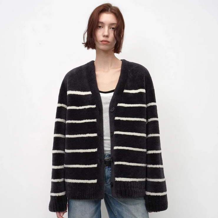 Classic Simple Versatile Striped V-Neck Drop Shoulder Merino Sheepskin Coat
