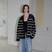 Classic Simple Versatile Striped V-Neck Drop Shoulder Merino Sheepskin Coat