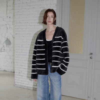 Classic Simple Versatile Striped V-Neck Drop Shoulder Merino Sheepskin Coat