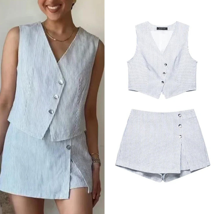 Lady Vest Skirt Shorts Set Women Casual Suits V-Neck Striped Outfits