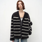 Classic Simple Versatile Striped V-Neck Drop Shoulder Merino Sheepskin Coat
