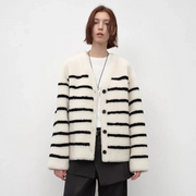 Classic Simple Versatile Striped V-Neck Drop Shoulder Merino Sheepskin Coat