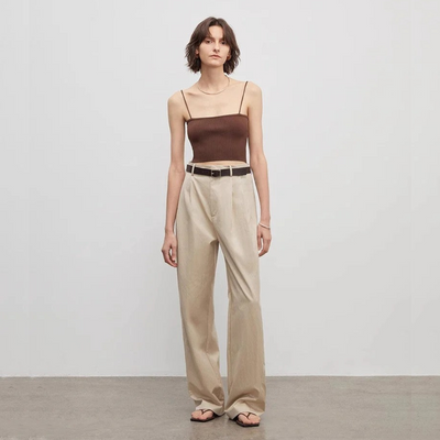 Spliced Double-Pleat Wide-Leg Trousers Straight-Leg Trousers for Women