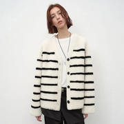 Classic Simple Versatile Striped V-Neck Drop Shoulder Merino Sheepskin Coat