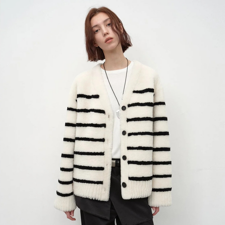 Classic Simple Versatile Striped V-Neck Drop Shoulder Merino Sheepskin Coat