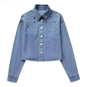 Crystal-Dew Embellished Cropped Denim Shirt