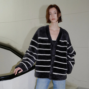 Classic Simple Versatile Striped V-Neck Drop Shoulder Merino Sheepskin Coat