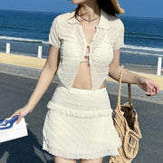 Coastal Muse 3-Piece Beachwear Set – Sheer Shirt, Bikini Top & Ruffled Mini Skirt