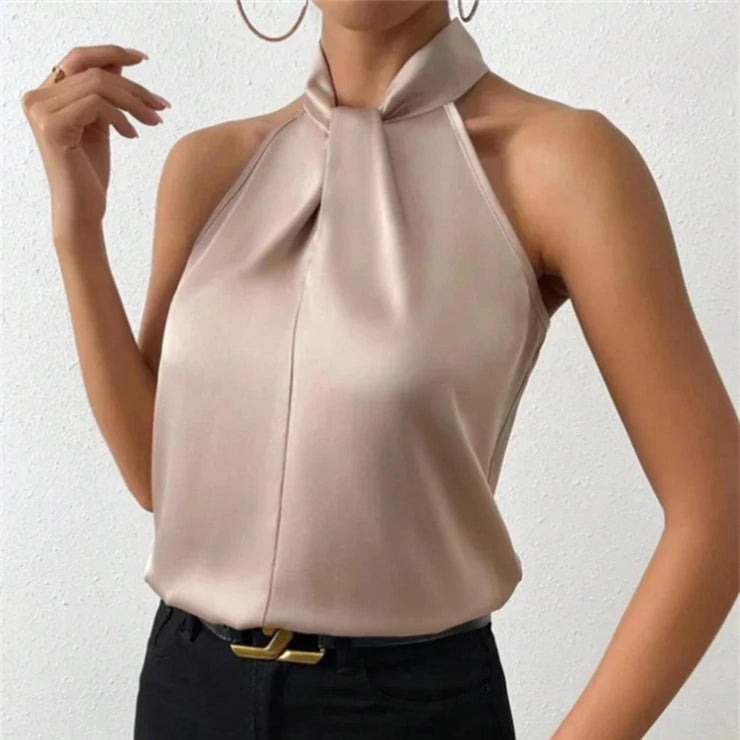 Satin Knot Halter Blouse