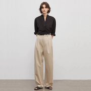 Spliced Double-Pleat Wide-Leg Trousers Straight-Leg Trousers for Women