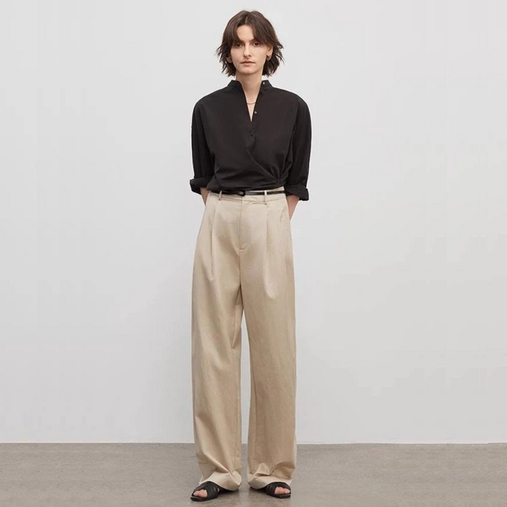 Spliced Double-Pleat Wide-Leg Trousers Straight-Leg Trousers for Women