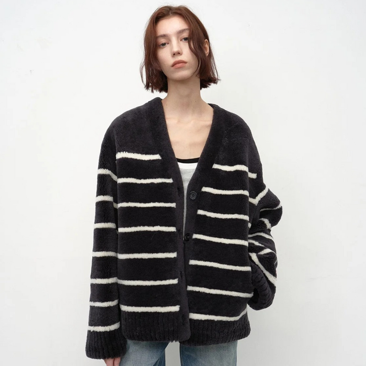 Classic Simple Versatile Striped V-Neck Drop Shoulder Merino Sheepskin Coat