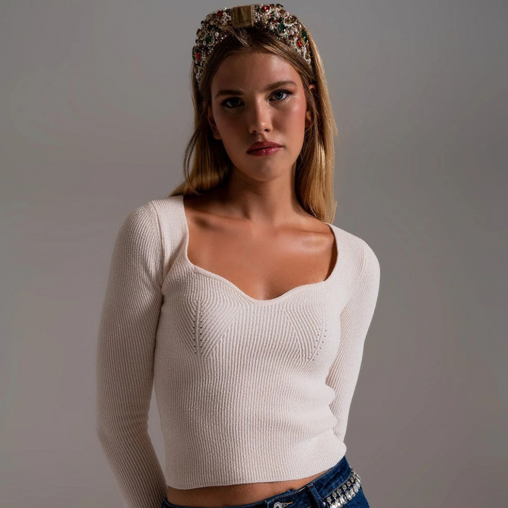 Sweetheart Neckline Chenille Sweater in Cream