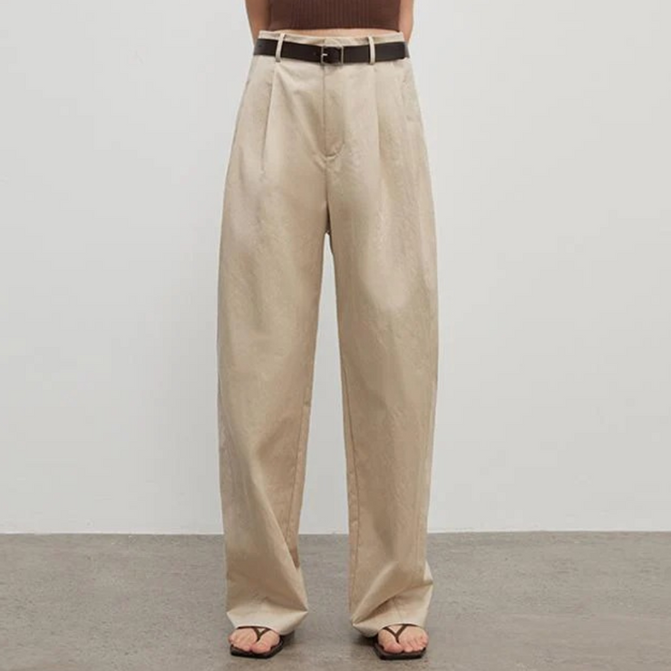 Spliced Double-Pleat Wide-Leg Trousers Straight-Leg Trousers for Women