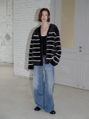 Classic Simple Versatile Striped V-Neck Drop Shoulder Merino Sheepskin Coat