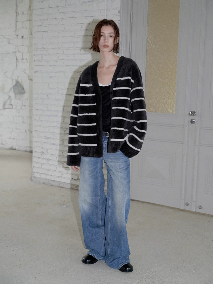Classic Simple Versatile Striped V-Neck Drop Shoulder Merino Sheepskin Coat