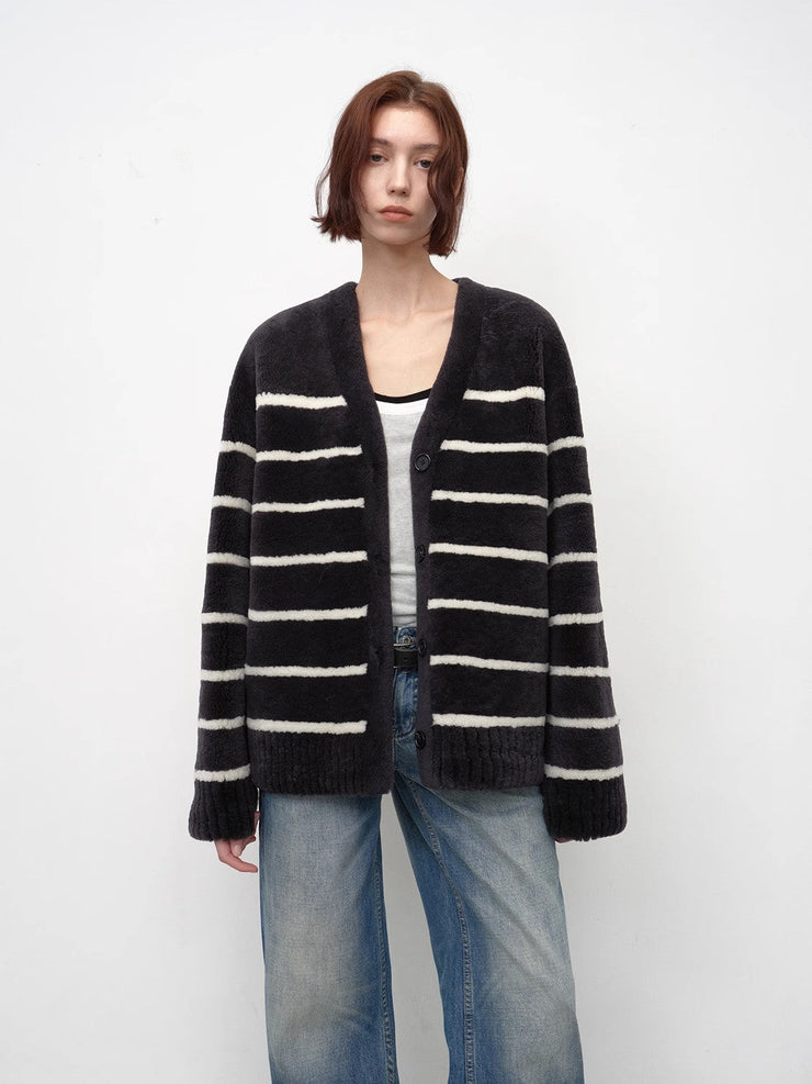 Classic Simple Versatile Striped V-Neck Drop Shoulder Merino Sheepskin Coat