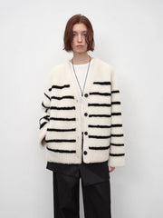 Classic Simple Versatile Striped V-Neck Drop Shoulder Merino Sheepskin Coat