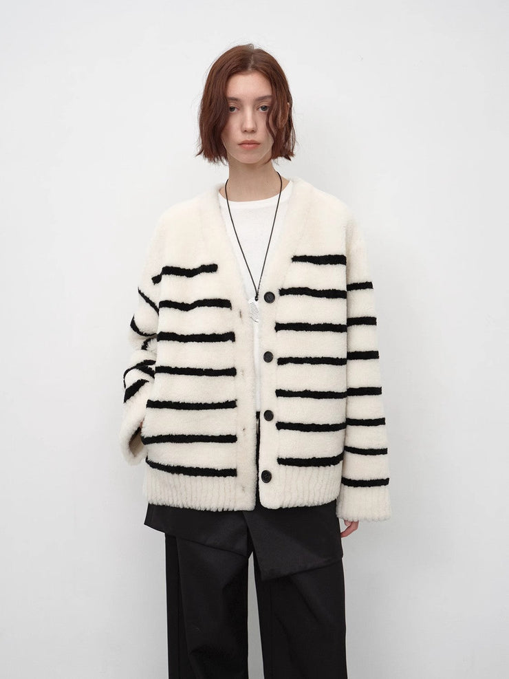 Classic Simple Versatile Striped V-Neck Drop Shoulder Merino Sheepskin Coat