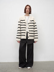 Classic Simple Versatile Striped V-Neck Drop Shoulder Merino Sheepskin Coat