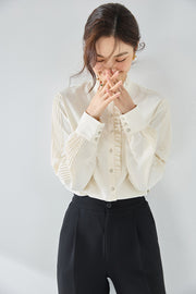 Pearl Button Pleated Ruffle Blouse