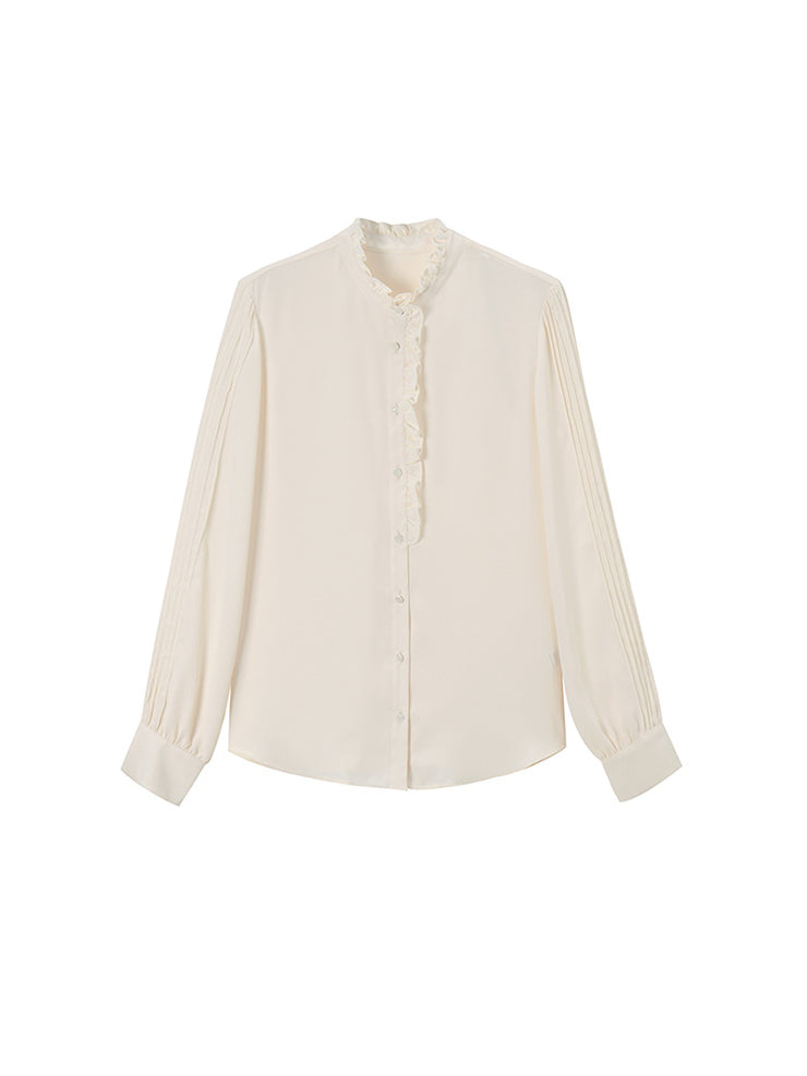 Pearl Button Pleated Ruffle Blouse