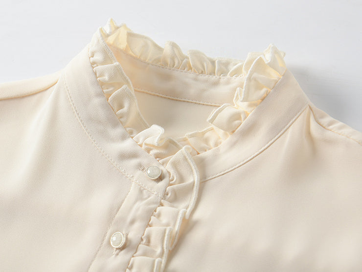 Pearl Button Pleated Ruffle Blouse