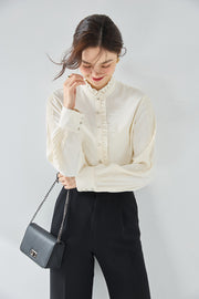 Pearl Button Pleated Ruffle Blouse