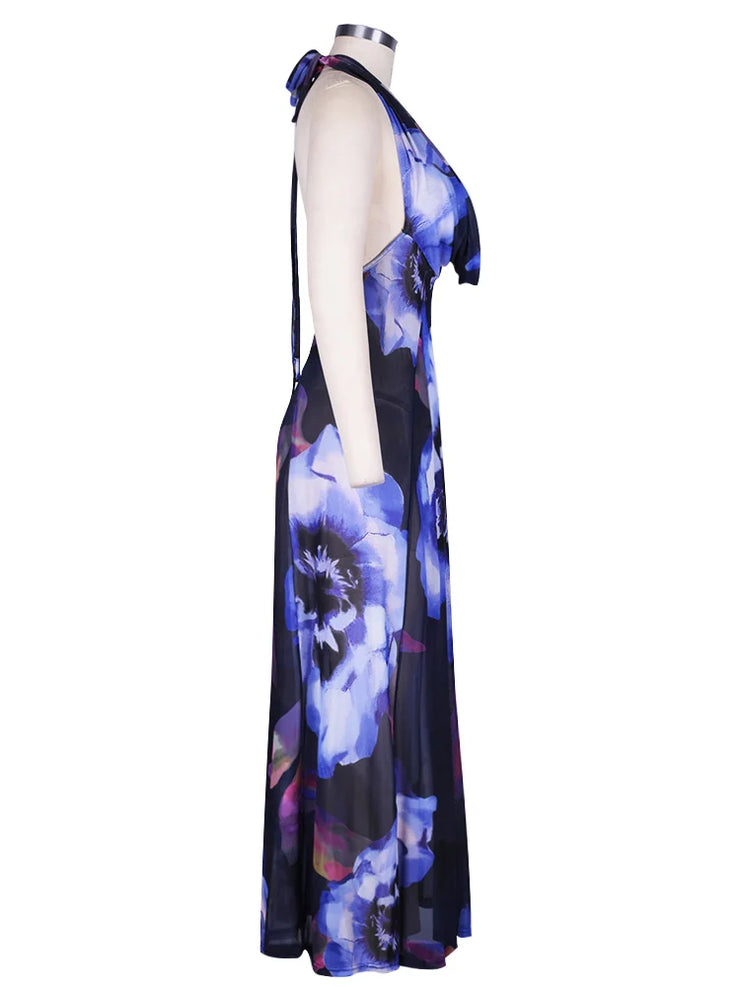 Elegant Halter Backless Maxi Dress - Purple Print