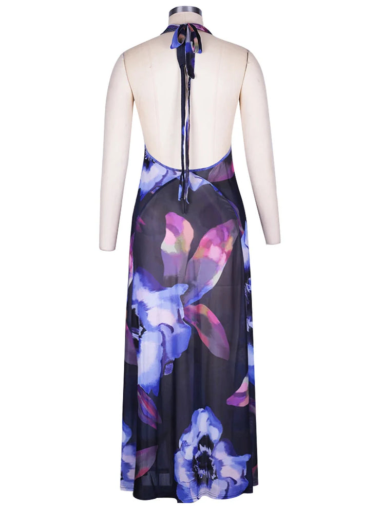 Elegant Halter Backless Maxi Dress - Purple Print