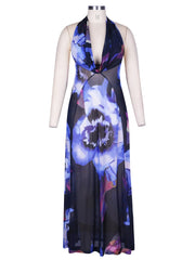 Elegant Halter Backless Maxi Dress - Purple Print