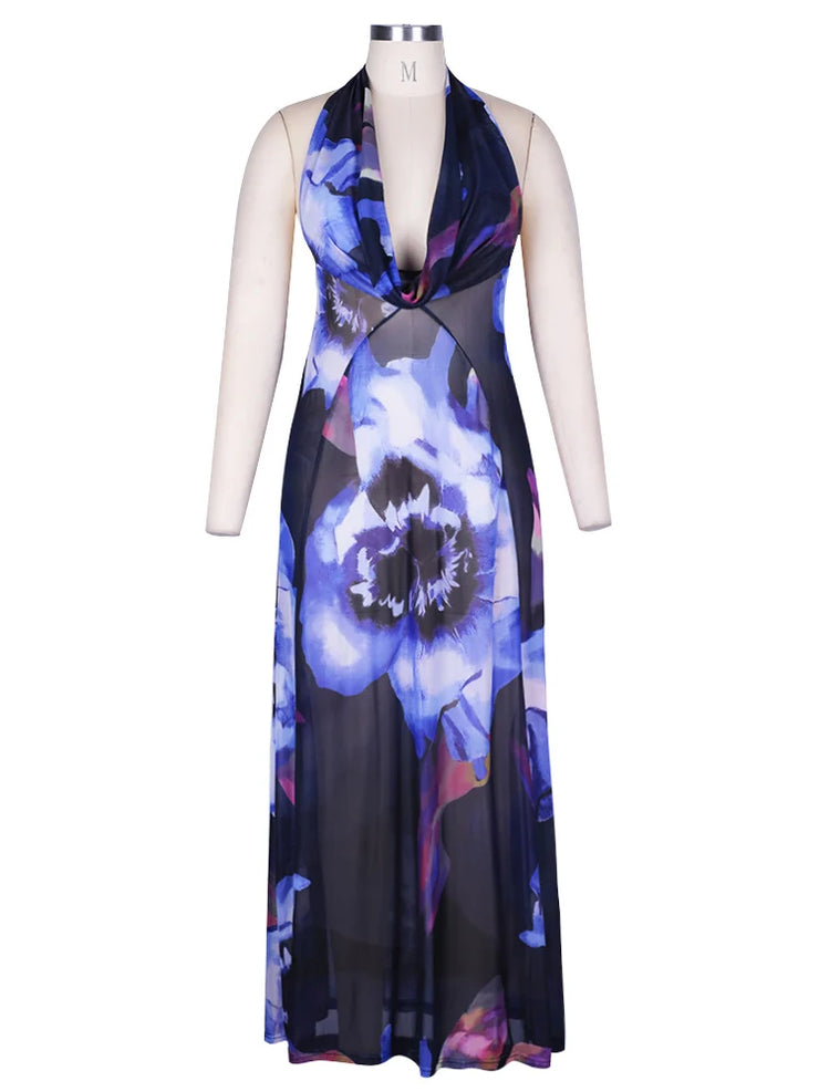 Elegant Halter Backless Maxi Dress - Purple Print