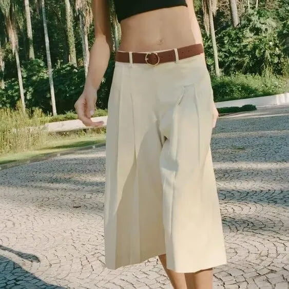 High-Waisted Cream Culottes with Belt Detail