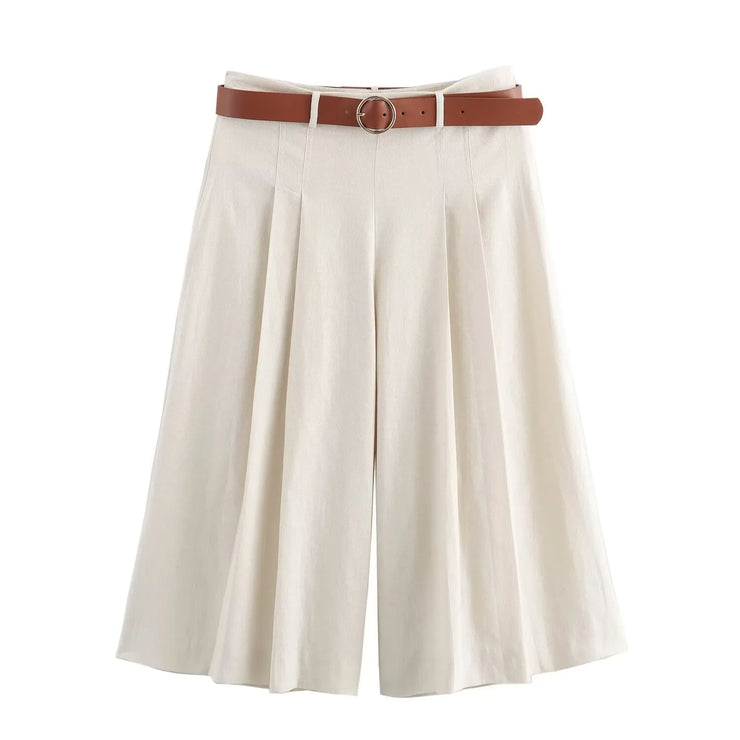 High-Waisted Cream Culottes with Belt Detail
