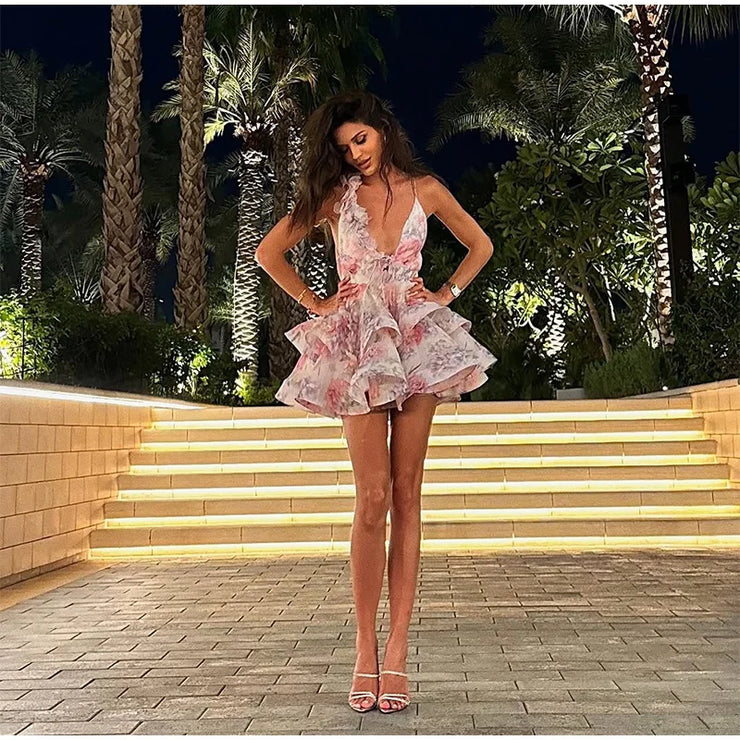 Petal Mirage Open-Back Ruffle Dress