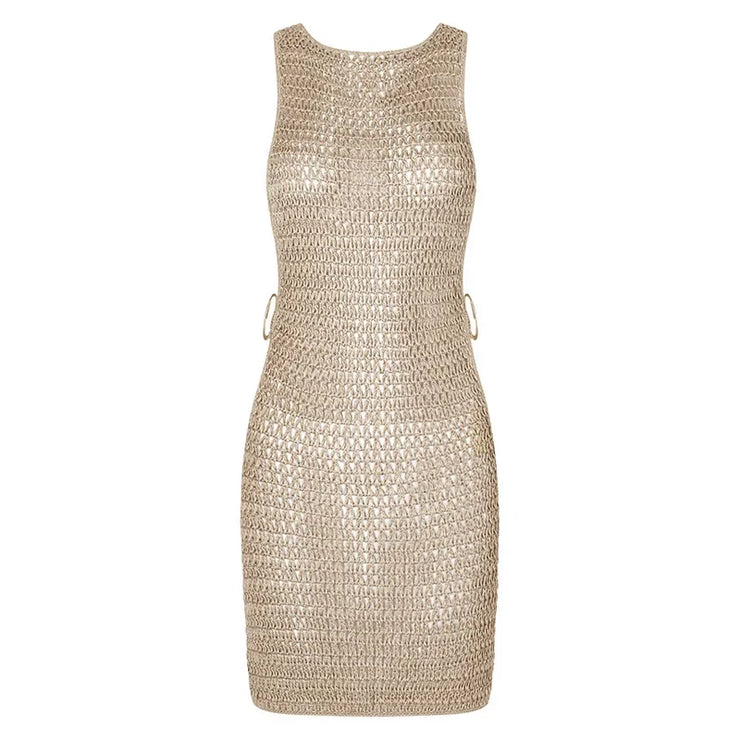 Neck Cut Out Circle Decoration Slim Beach Knit Mini Dress Women