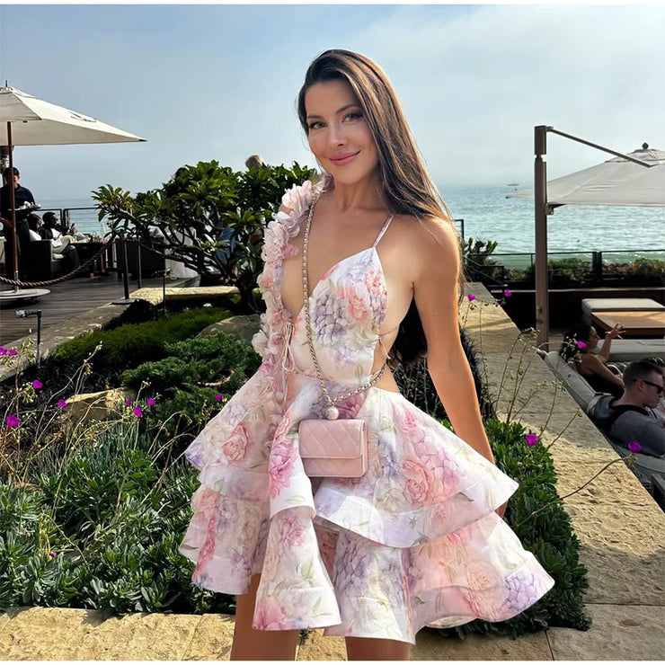 Petal Mirage Open-Back Ruffle Dress