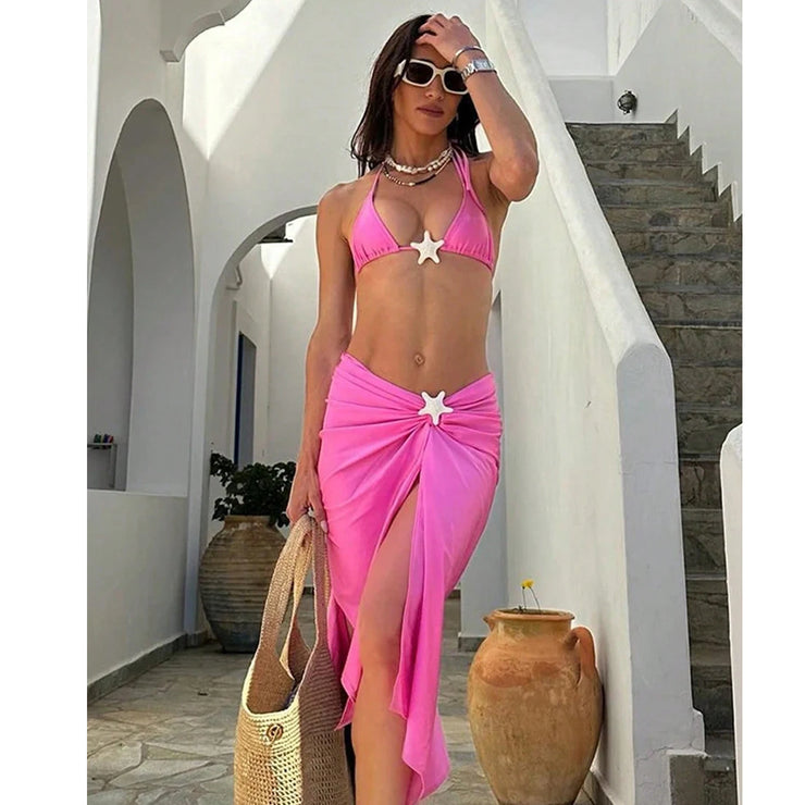 Bikini Swimsuits Sarongs Print Beachwear 3 Pieces Bandage
