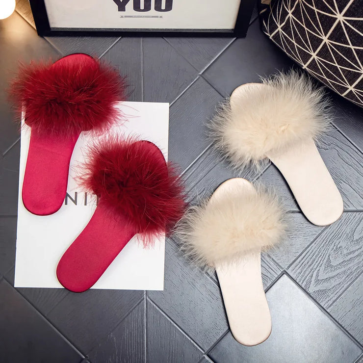 Ladies Flat Slippers with Fur