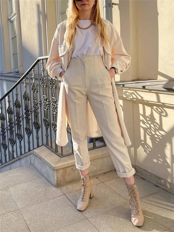 Autumn Trouser Suits High Waisted Office Casual Woman Pants