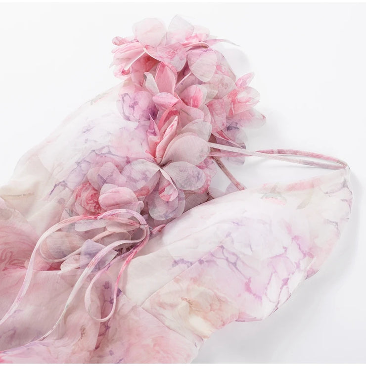 Petal Mirage Open-Back Ruffle Dress