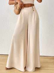 Ladies Summer Fashion Side Button Solid Color Wide Leg Pants