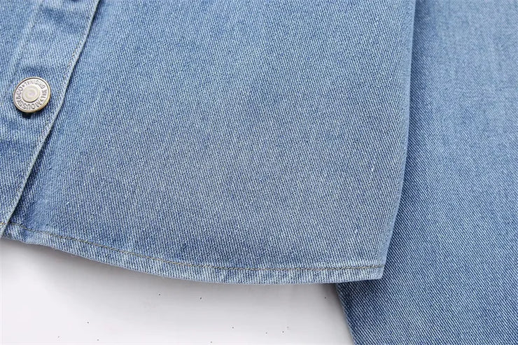 Crystal-Dew Embellished Cropped Denim Shirt