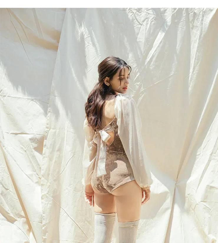 White One-Piece Velvet Backless Swimwear for Women
