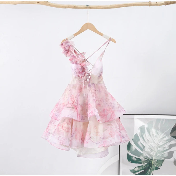 Petal Mirage Open-Back Ruffle Dress